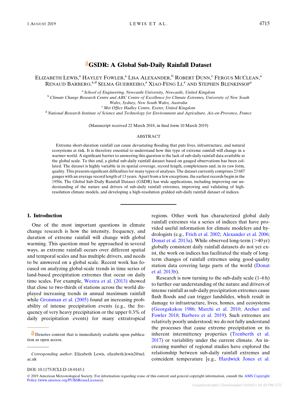 GSDR: a Global Sub-Daily Rainfall Dataset