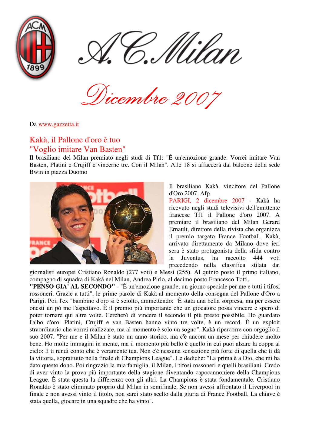 Kakà, Il Pallone D'oro È Tuo 