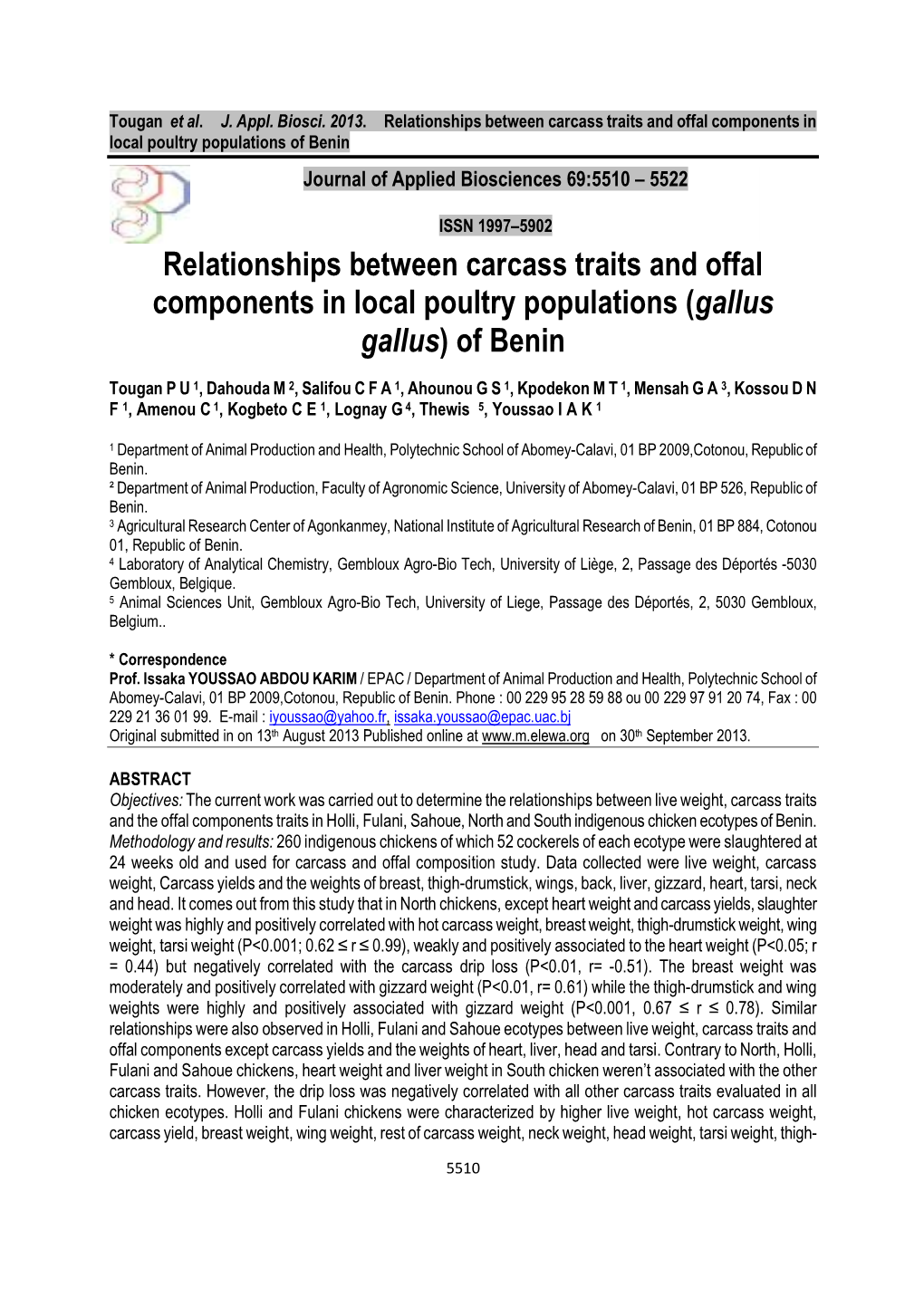 Relationships Between Carcass Traits and Offal Components in Local Poultry Populations of Benin Journal of Applied Biosciences 69:5 510 – 5522