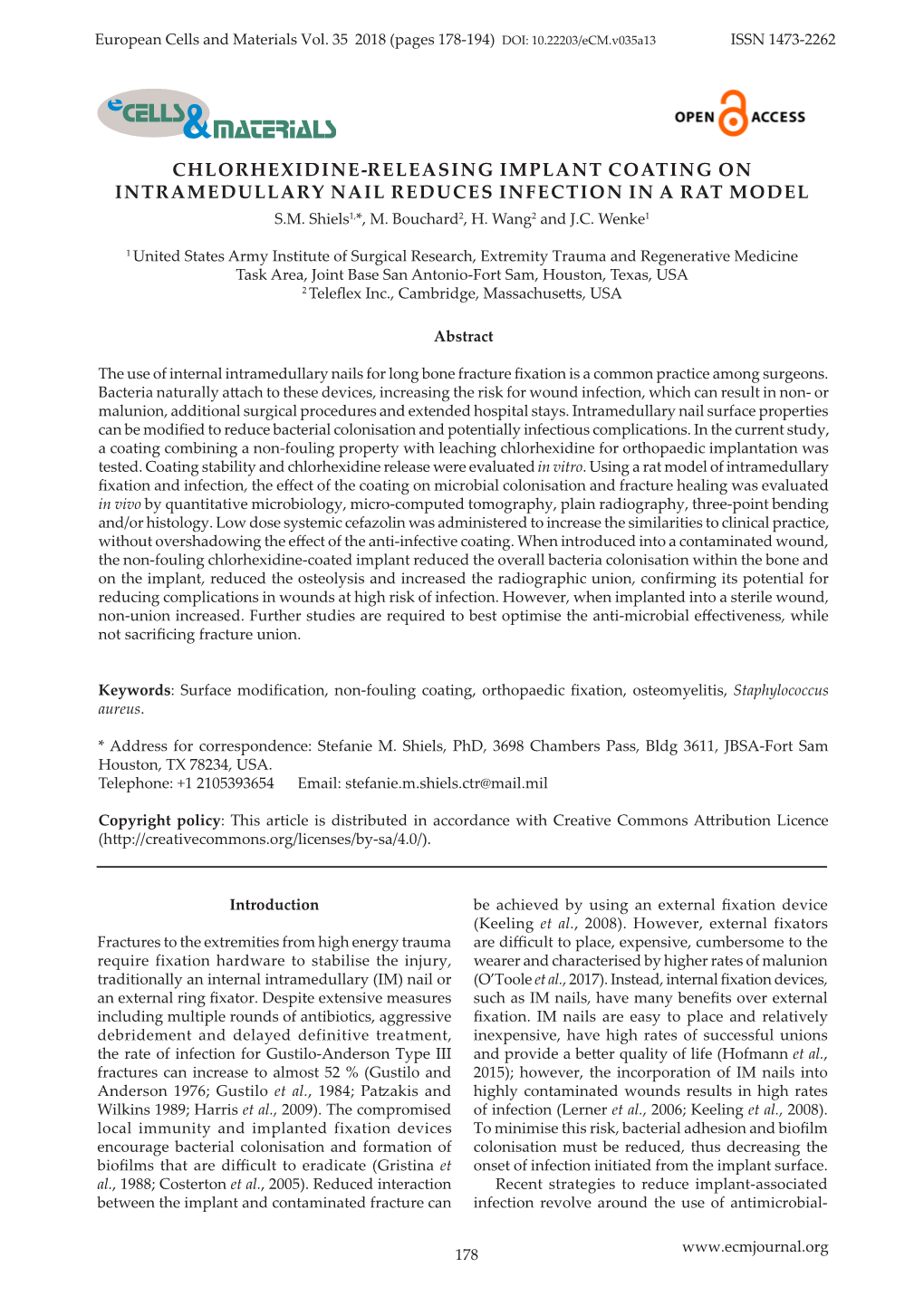 Chlorhexidine-Releasing Implant Coating on Intramedullary Nail Reduces Infection in a Rat Model S.M