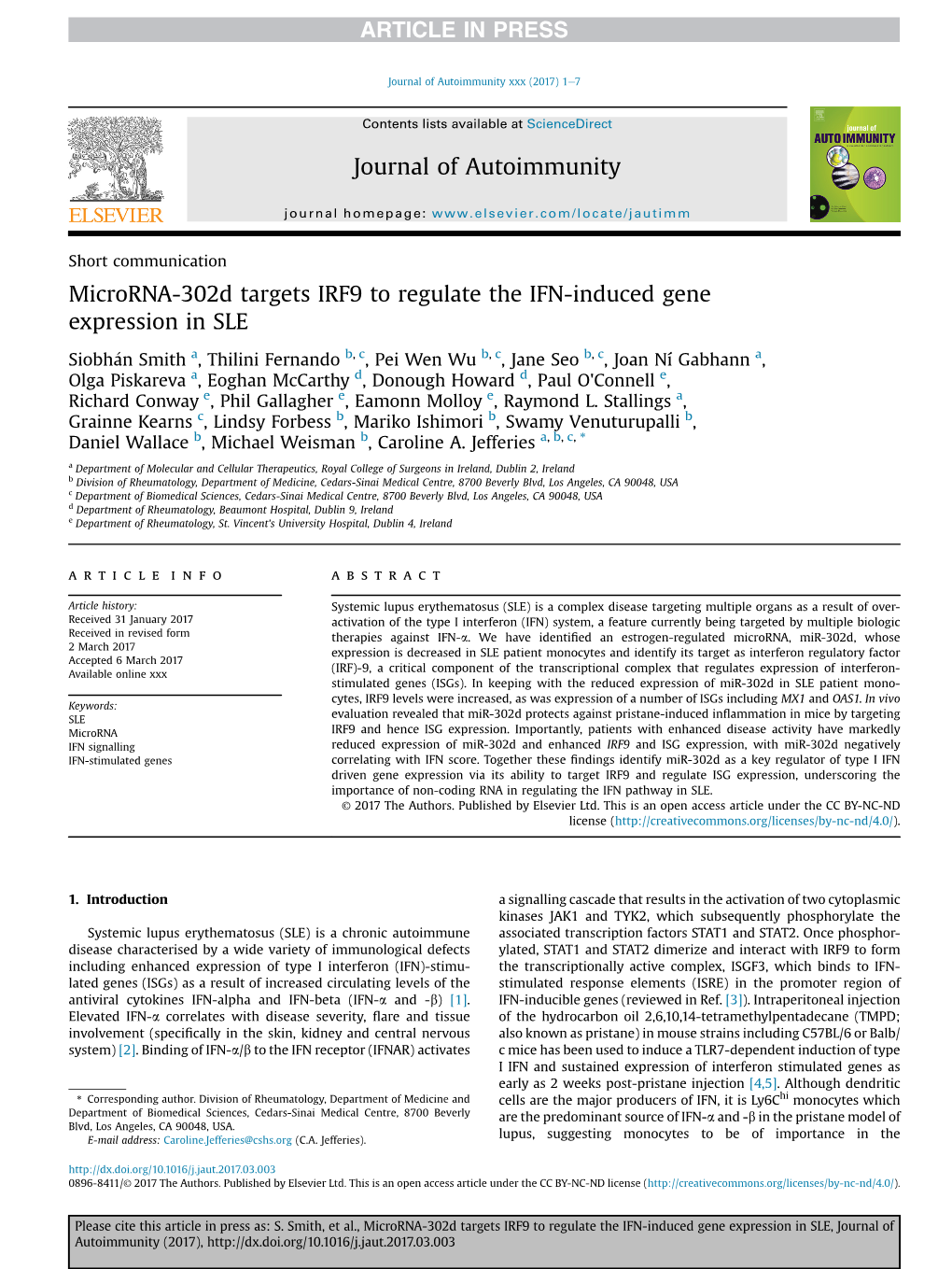 Microrna-302D Targets IRF9 to Regulate the IFN-Induced Gene Expression in SLE