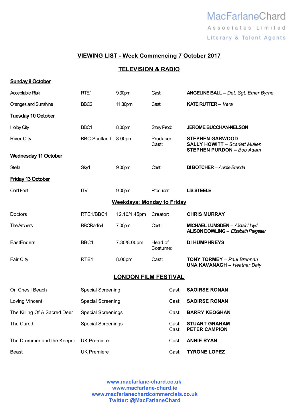 VIEWING LIST - Week Commencing 7 October 2017