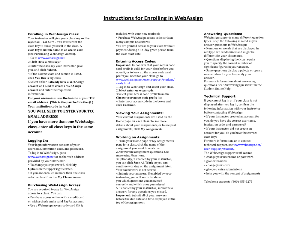 Instructions for Enrolling in Webassign