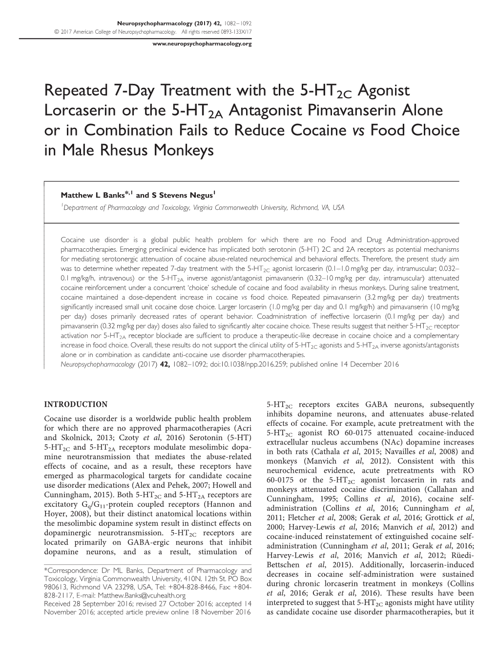 Repeated 7-Day Treatment with the 5-HT2C Agonist Lorcaserin