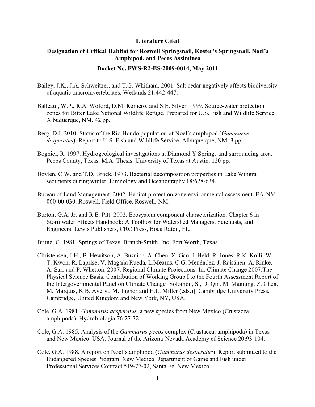Literature Cited Designation of Critical Habitat for Roswell Springsnail, Koster’S Springsnail, Noel’S Amphipod, and Pecos Assiminea Docket No