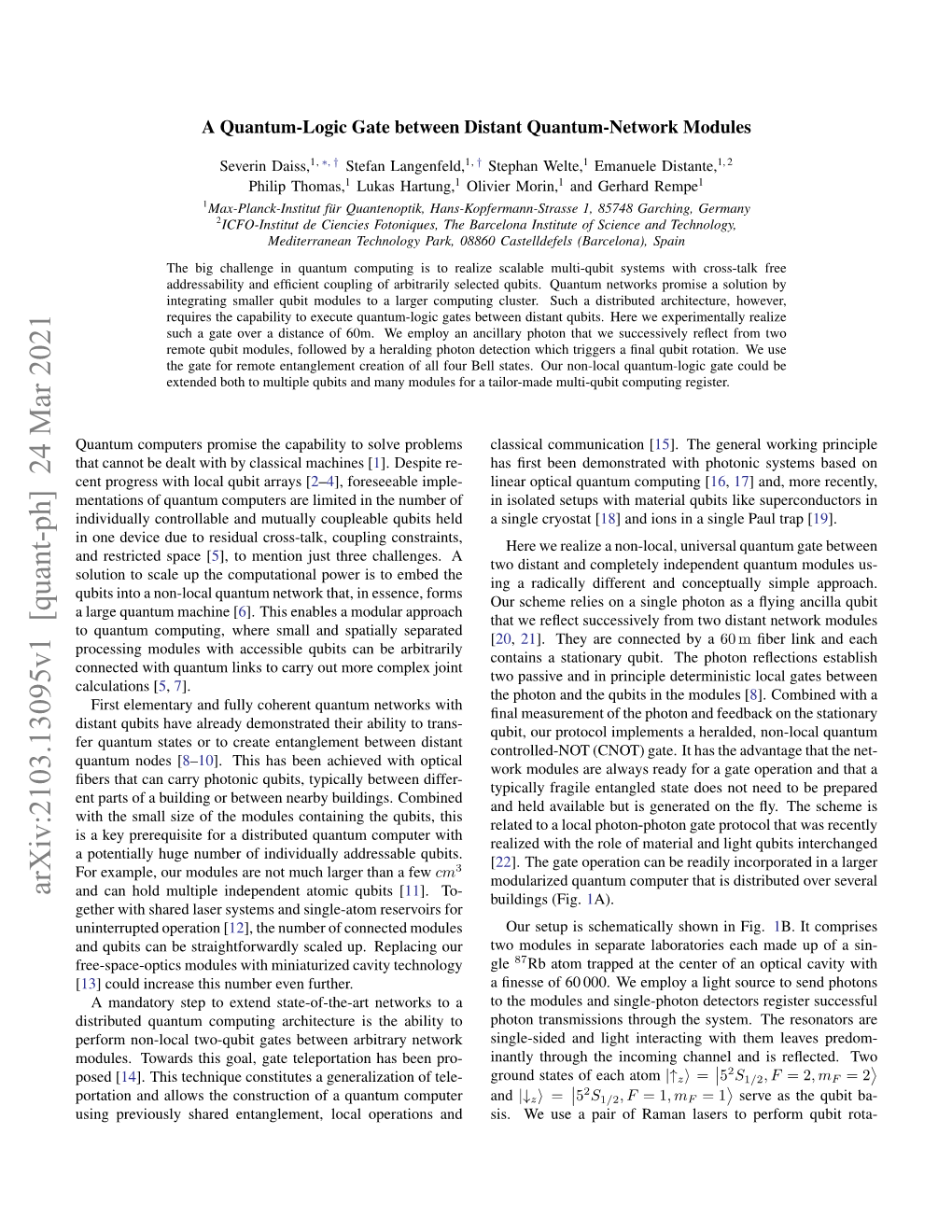 A Quantum-Logic Gate Between Distant Quantum-Network Modules