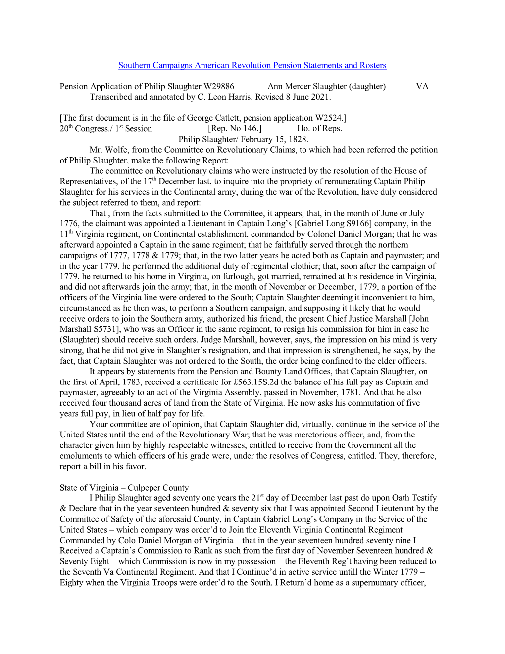 Philip Slaughter W29886 Ann Mercer Slaughter (Daughter) VA Transcribed and Annotated by C