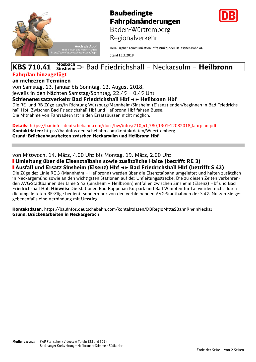 Baubedingte Fahrplanänderungen Baden-Württemberg Regionalverkehr KBS 710.41 Bad Friedrichshall – Neckarsulm – Heil