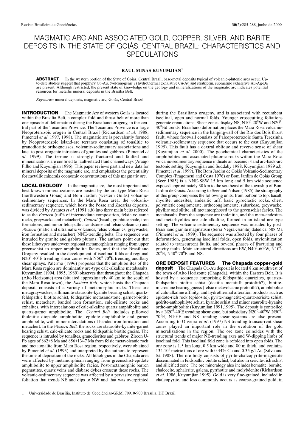 Magmatic Arc and Associated Gold, Copper, Silver, and Barite Deposits in the State of Goiás, Central Brazil: Characteristics and Speculations