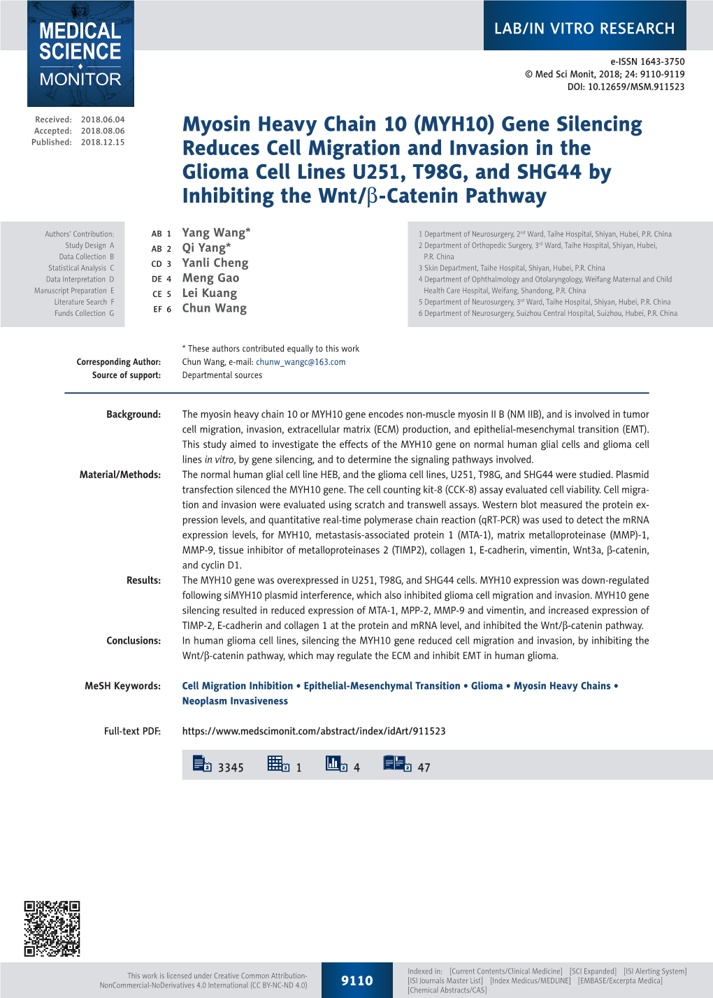 Myosin Heavy Chain 10 (MYH10) Gene Silencing Reduces Cell