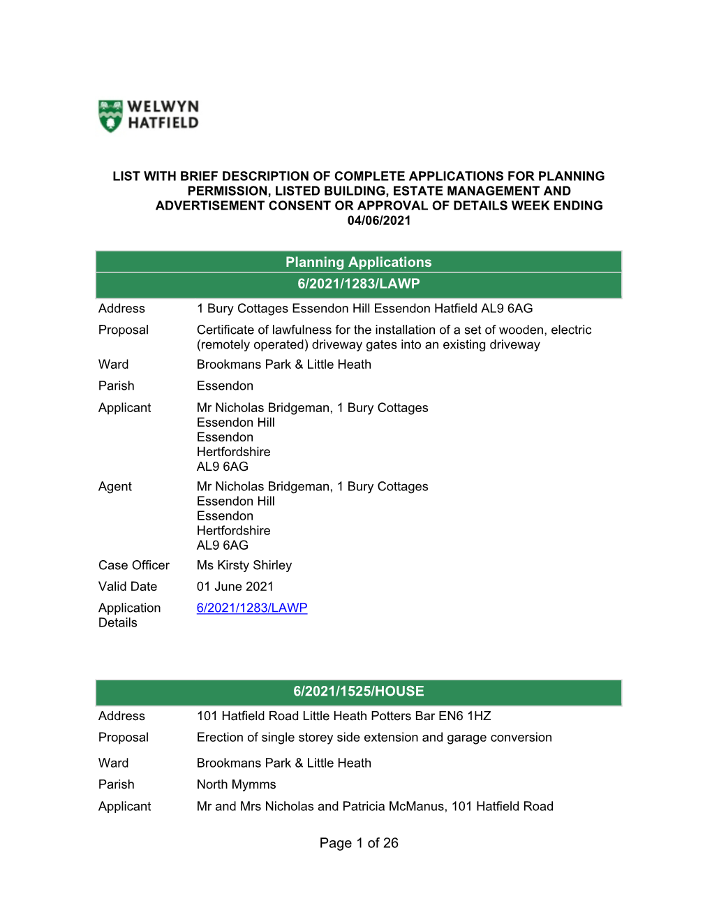 Page 1 of 26 Planning Applications 6/2021/1283/LAWP 6/2021/1525