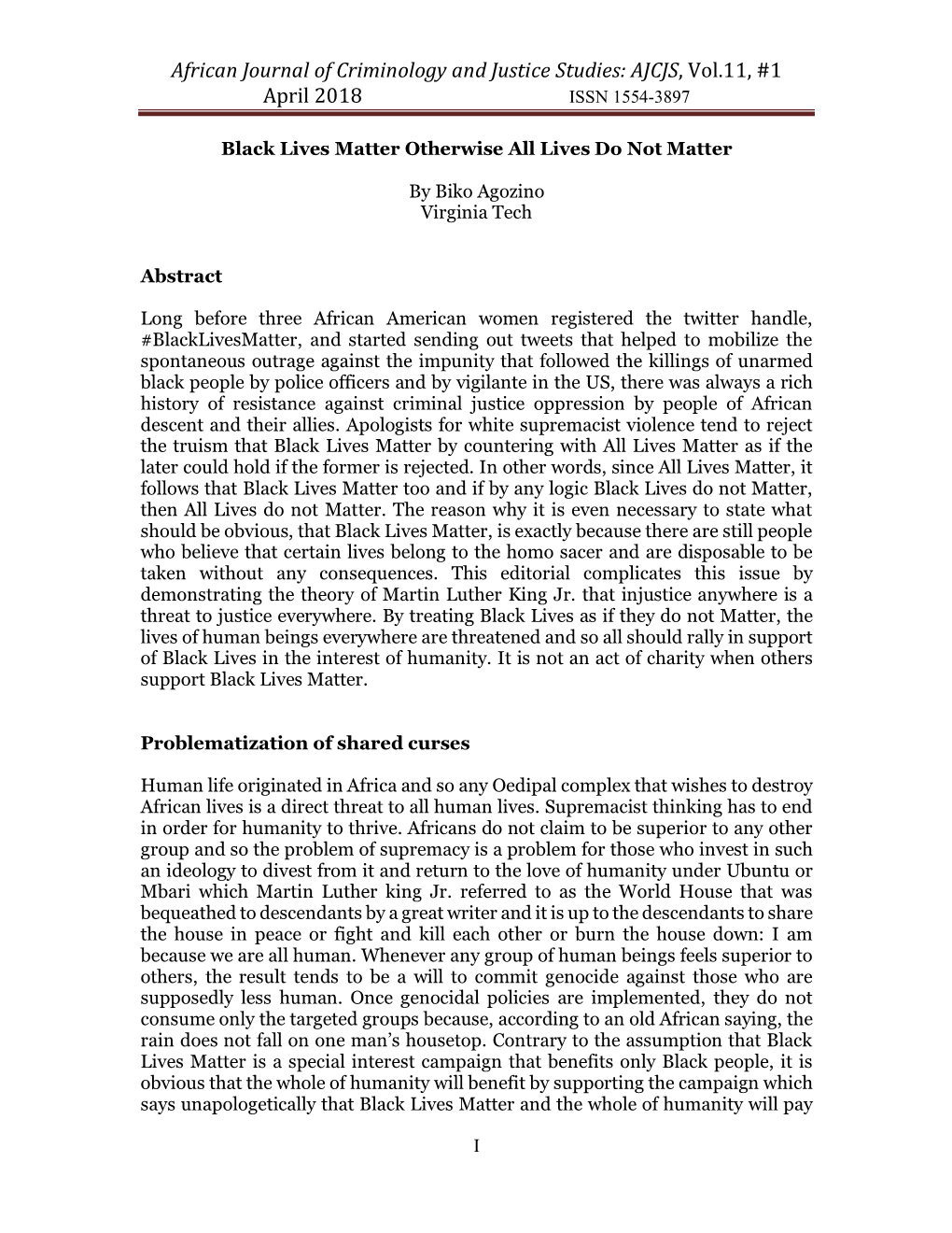 African Journal of Criminology and Justice Studies: AJCJS, Vol.11, #1 April 2018 ISSN 1554-3897