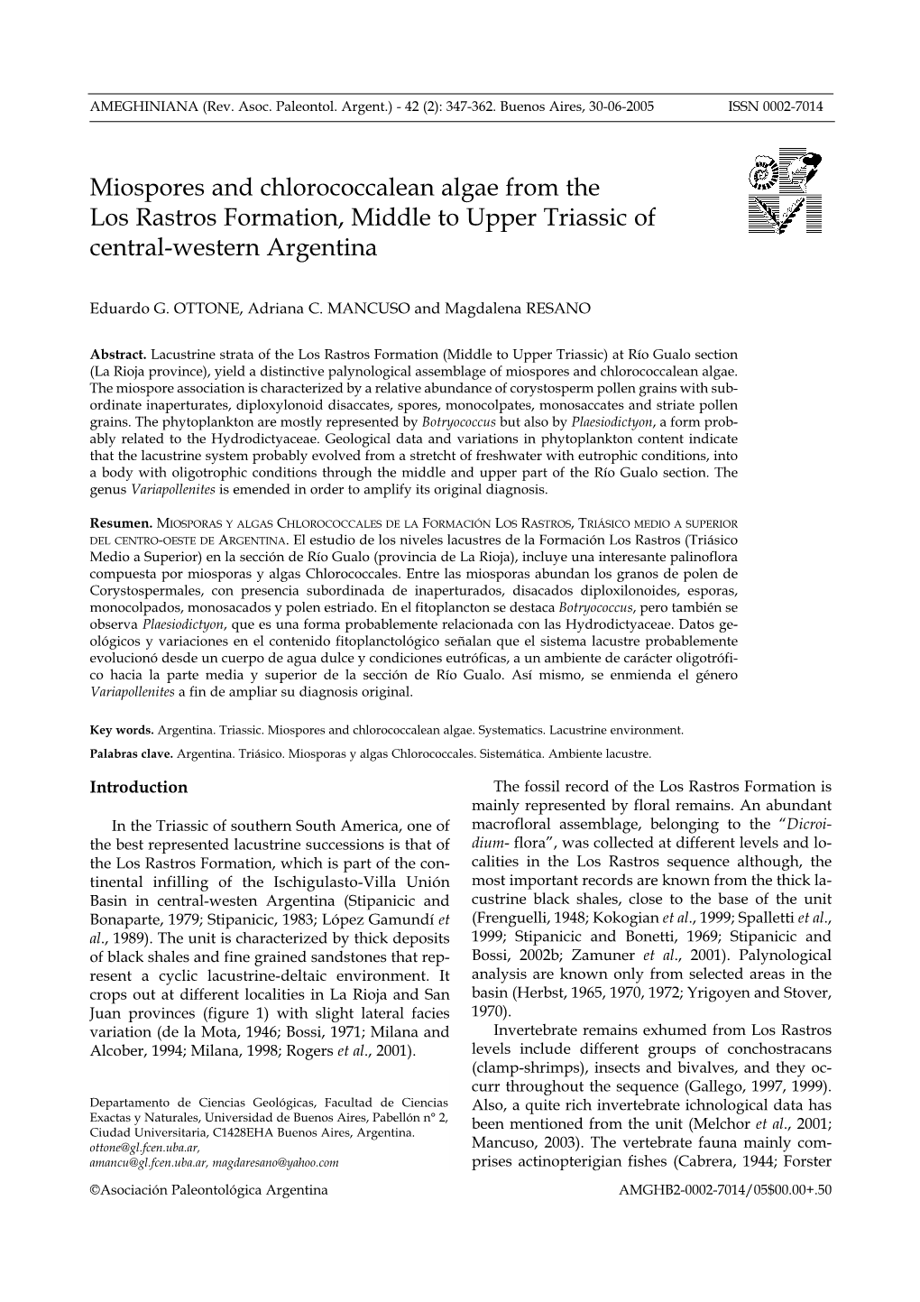 Miospores and Chlorococcalean Algae from the Los Rastros Formation, Middle to Upper Triassic of Central-Western Argentina