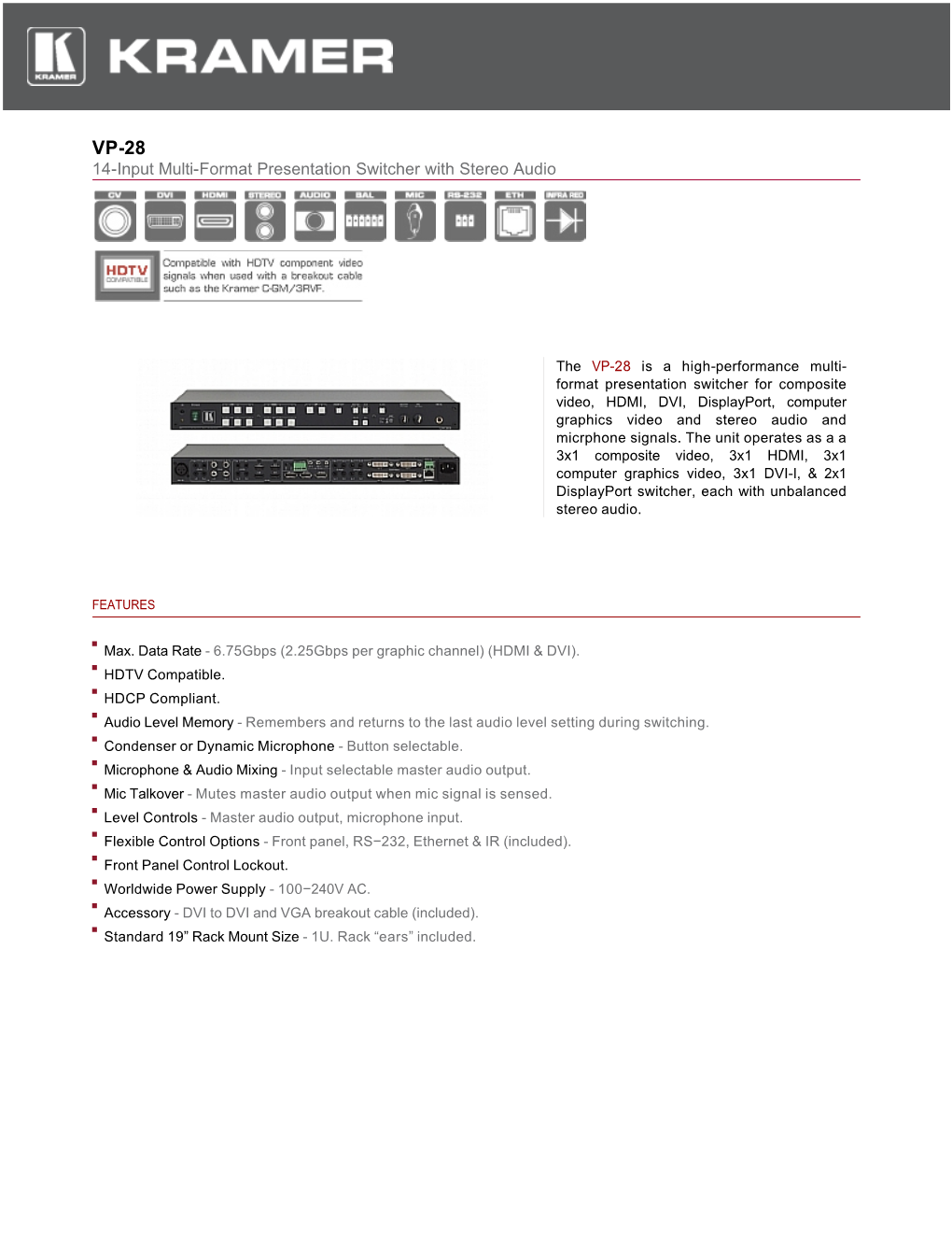 14-Input Multi-Format Presentation Switcher with Stereo Audio