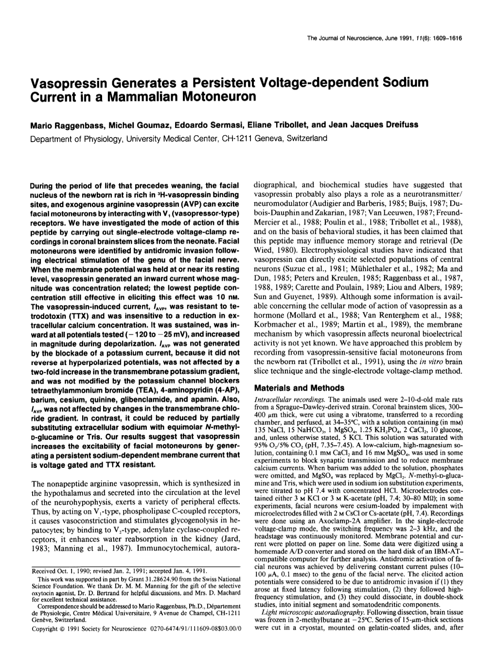 Vasopressin Generates a Persistent Voltage-Dependent Sodium Current in a Mammalian Motoneuron