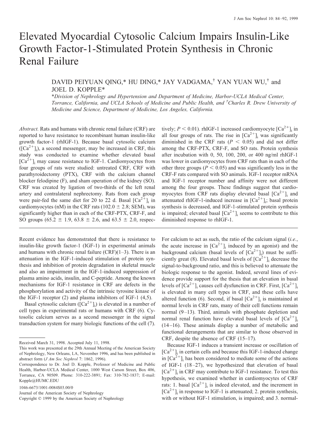 Elevated Myocardial Cytosolic Calcium Impairs Insulin-Like Growth Factor-1-Stimulated Protein Synthesis in Chronic Renal Failure