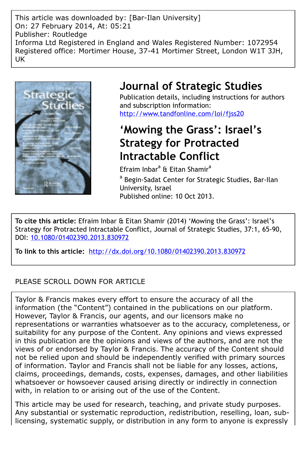 'Mowing the Grass': Israel'sstrategy for Protracted Intractable Conflict