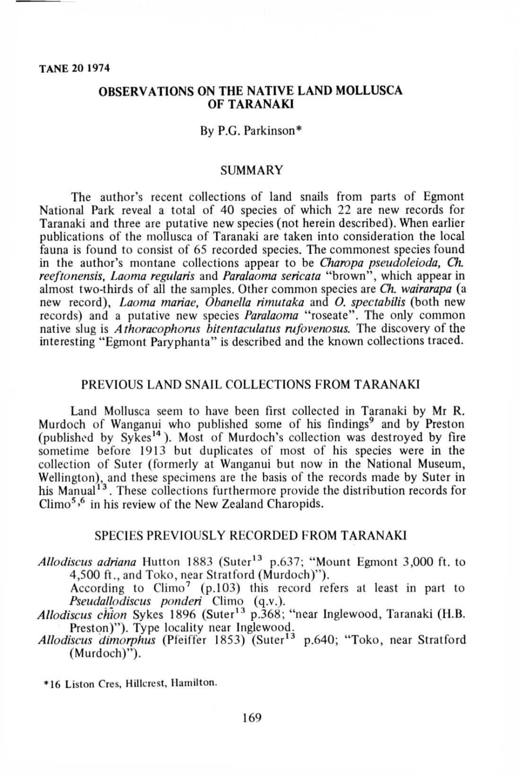 Observations on the Native Land Mollusca of Taranaki