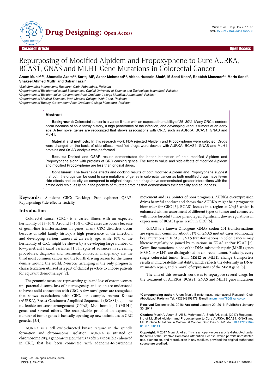 Repurposing of Modified Alpidem and Propoxyphene to Cure AURKA, BCAS1, GNAS and MLH1 Gene Mutations in Colorectal Cancer