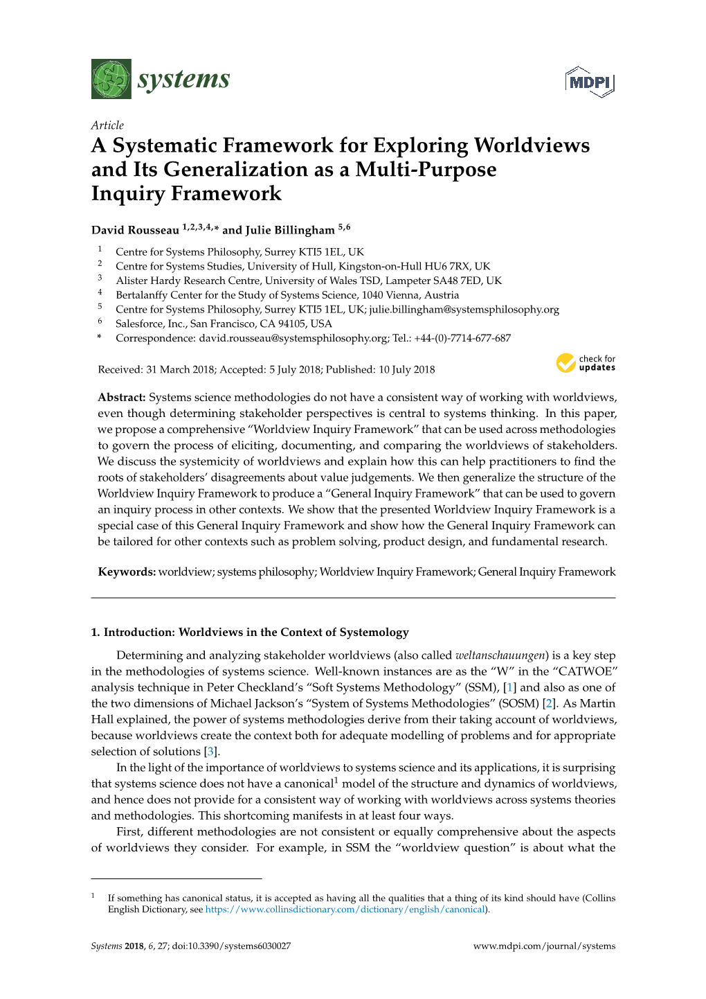 A Systematic Framework for Exploring Worldviews and Its Generalization As a Multi-Purpose Inquiry Framework