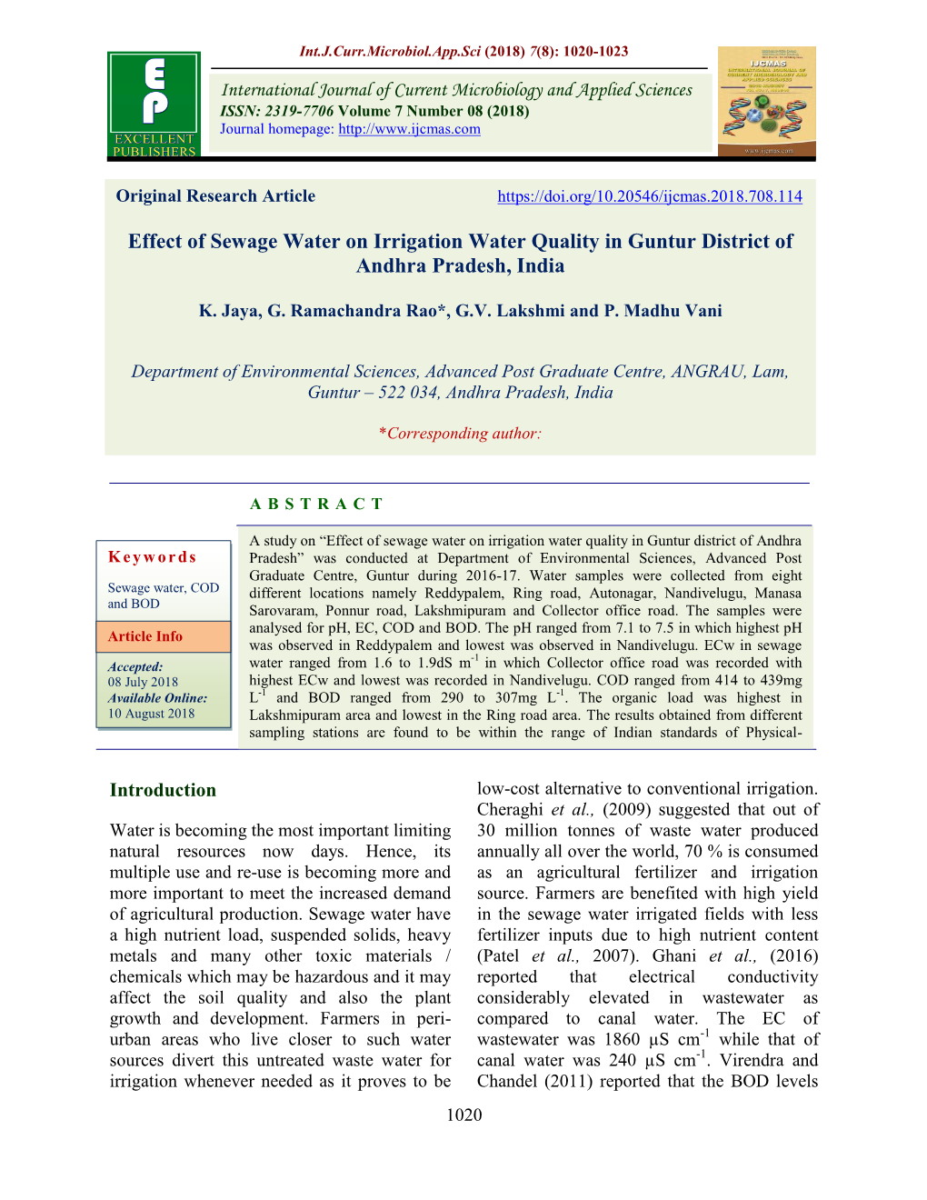 Effect of Sewage Water on Irrigation Water Quality in Guntur District of Andhra Pradesh, India