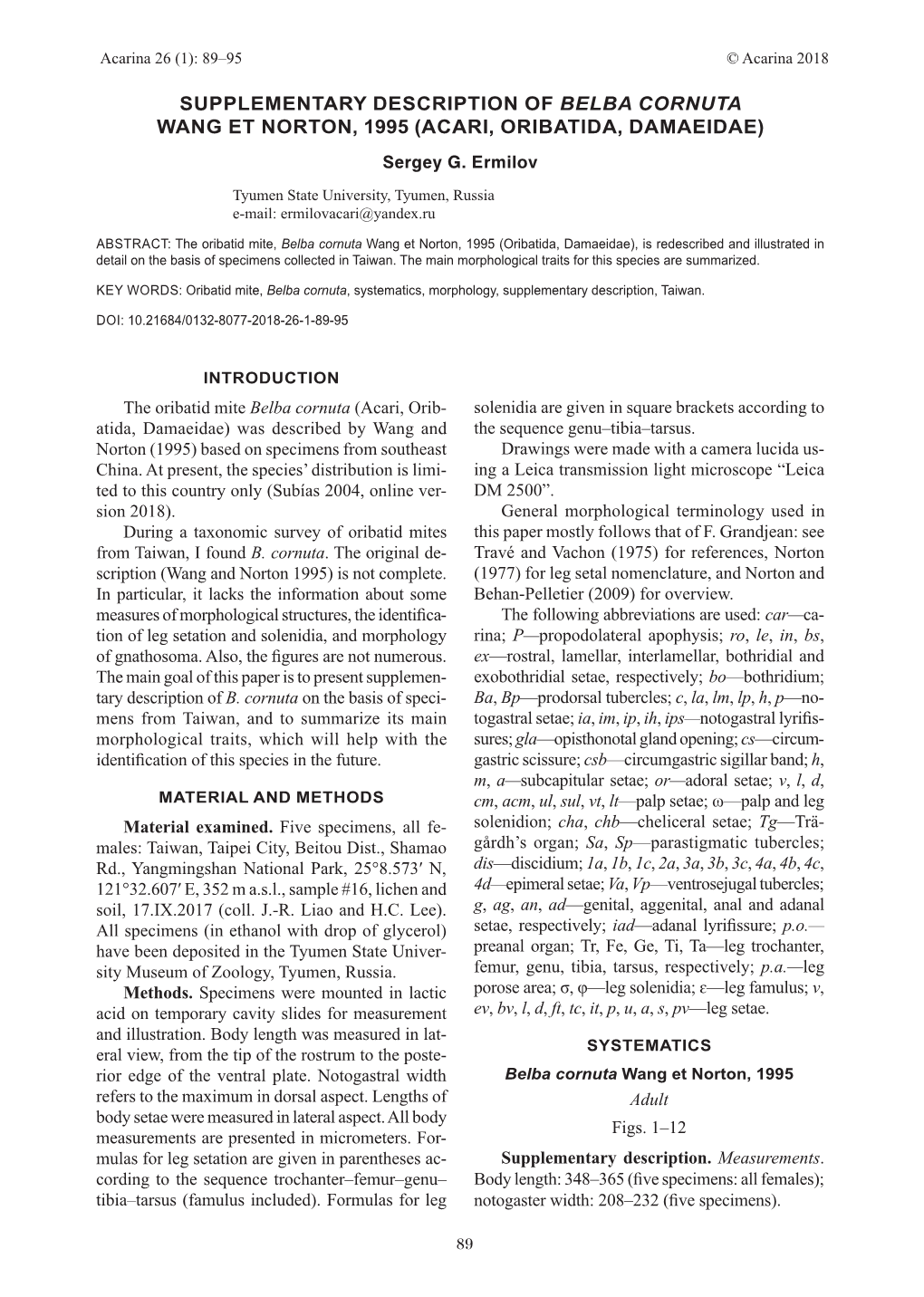 SUPPLEMENTARY DESCRIPTION of BELBA CORNUTA WANG ET NORTON, 1995 (ACARI, ORIBATIDA, DAMAEIDAE) Sergey G