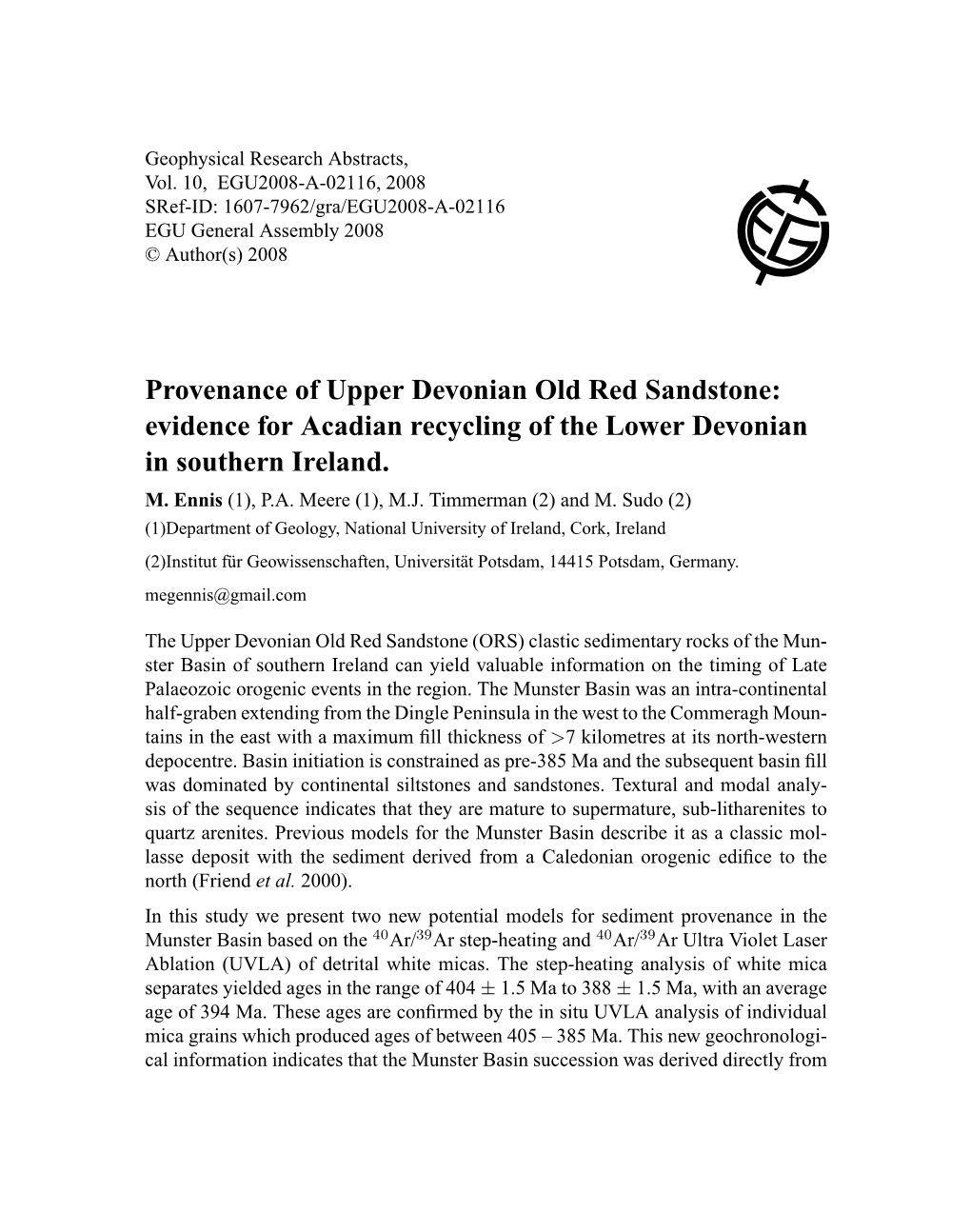 Evidence for Acadian Recycling of the Lower Devonian in Southern Ireland. M