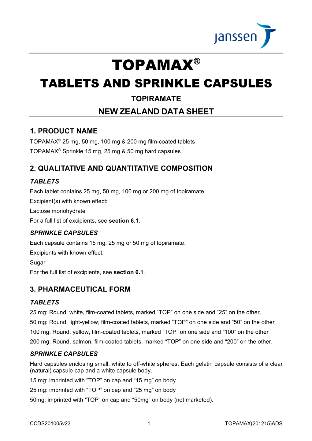 Topamax® Tablets and Sprinkle Capsules Topiramate New Zealand Data Sheet