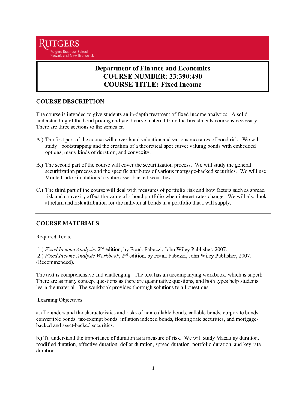 33:390:490 COURSE TITLE: Fixed Income