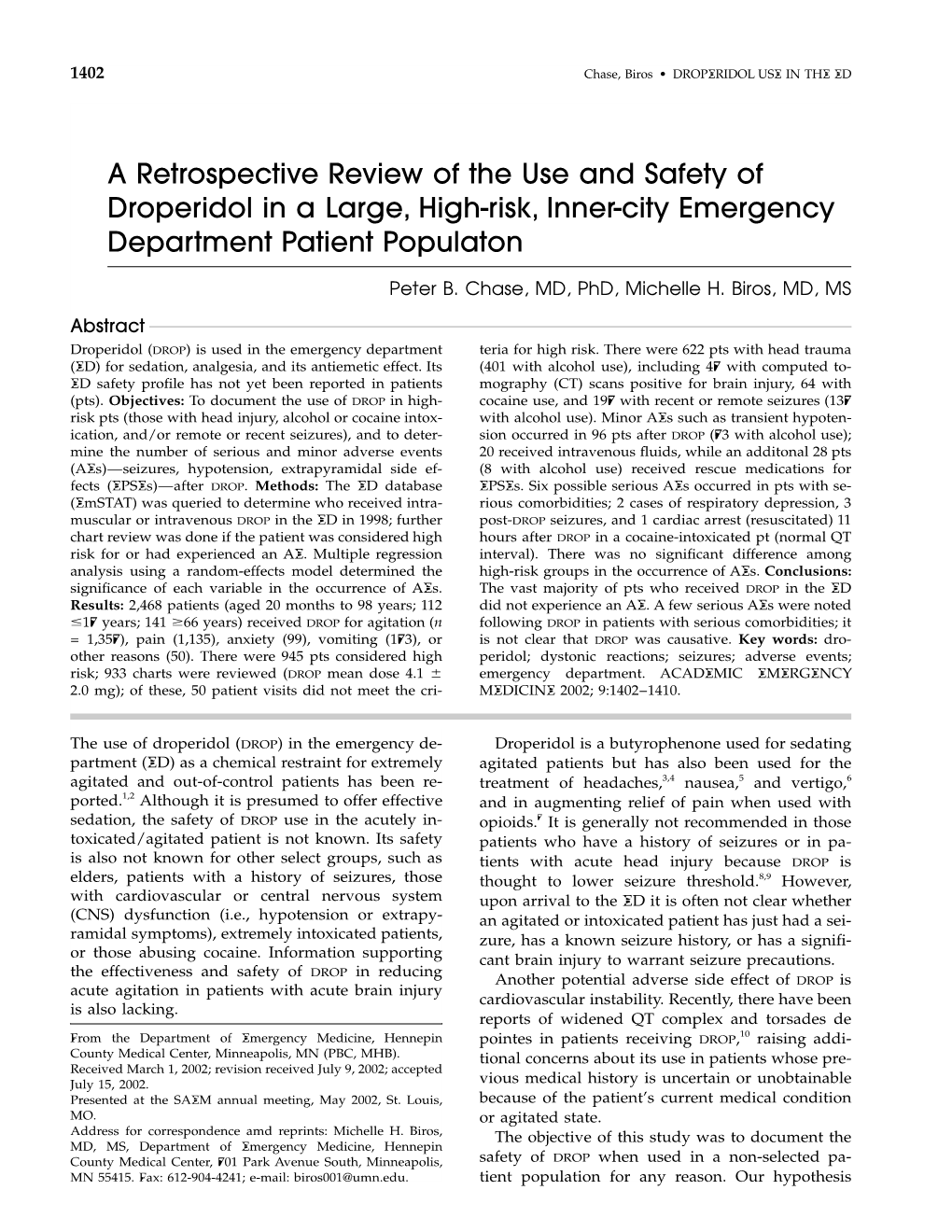 A Retrospective Review of the Use and Safety of Droperidol in a Large, High-Risk, Inner-City Emergency Department Patient Populaton