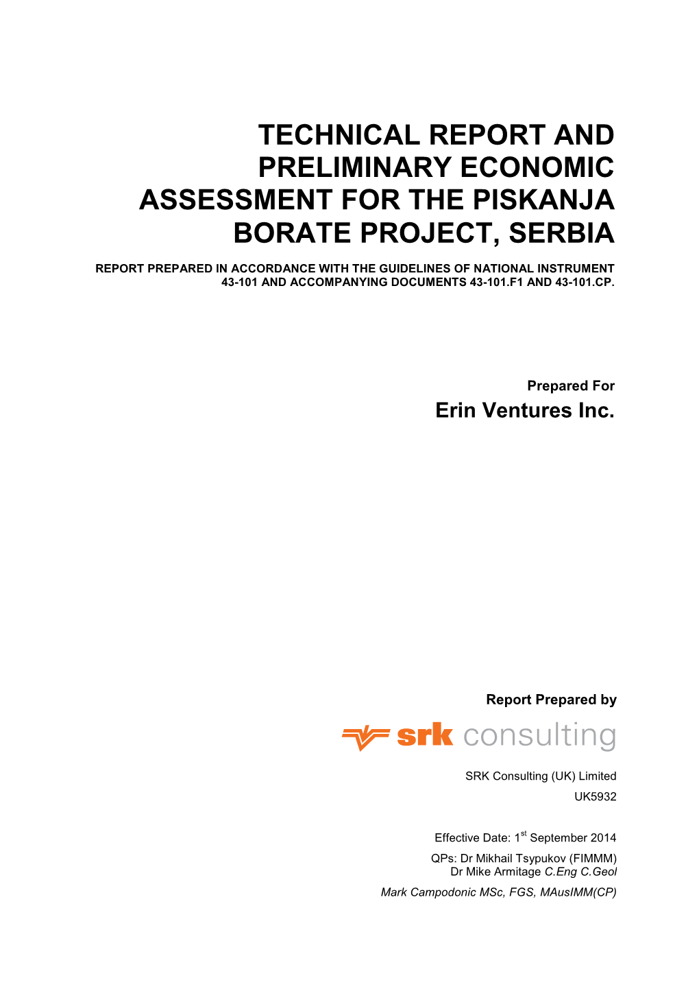 Technical Report and Preliminary Economic Assessment for the Piskanja Borate Project, Serbia