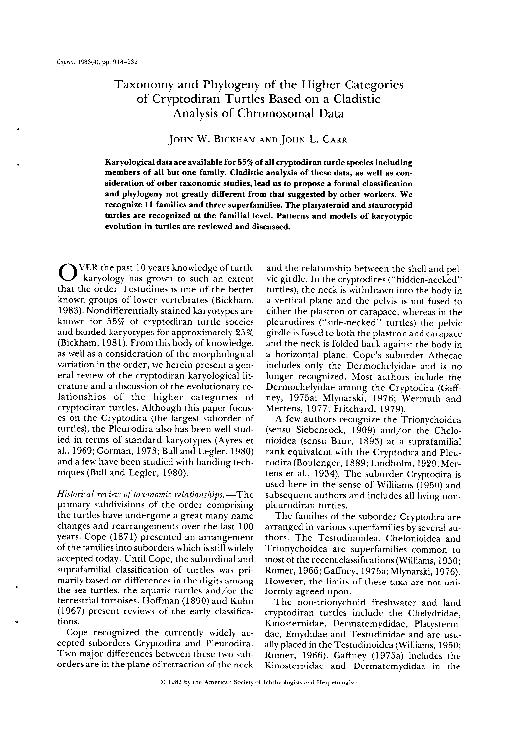 Taxonomy and Phylogeny of the Higher Categories of Cryptodiran Turtles Based on a Cladistic Analysis of Chromosomal Data