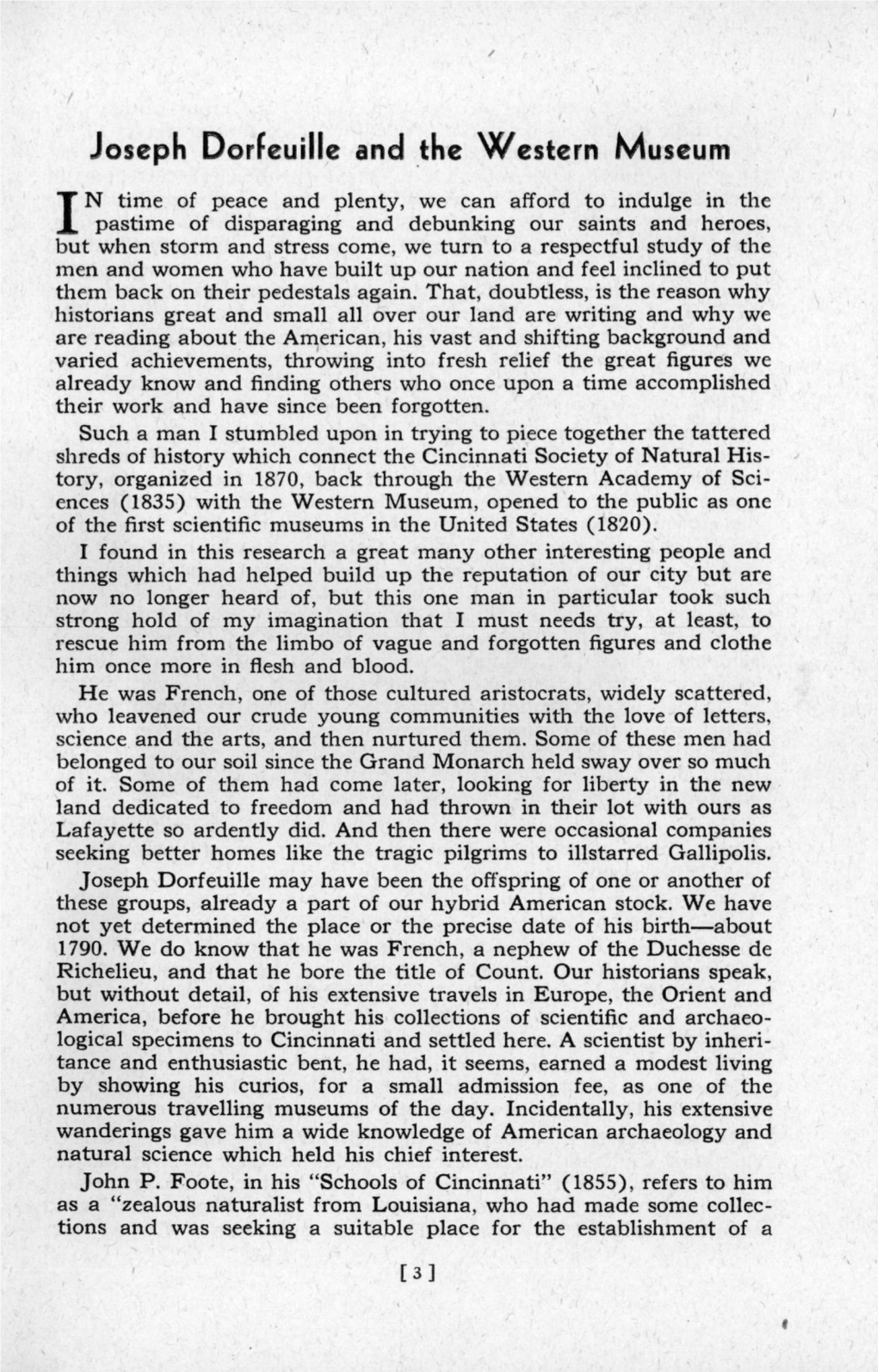 Joseph Dorfeuille and the Western Museum" Are in the Library of the Natural History Museum with My Detailed Notes in Longhand and Complete Correspondence