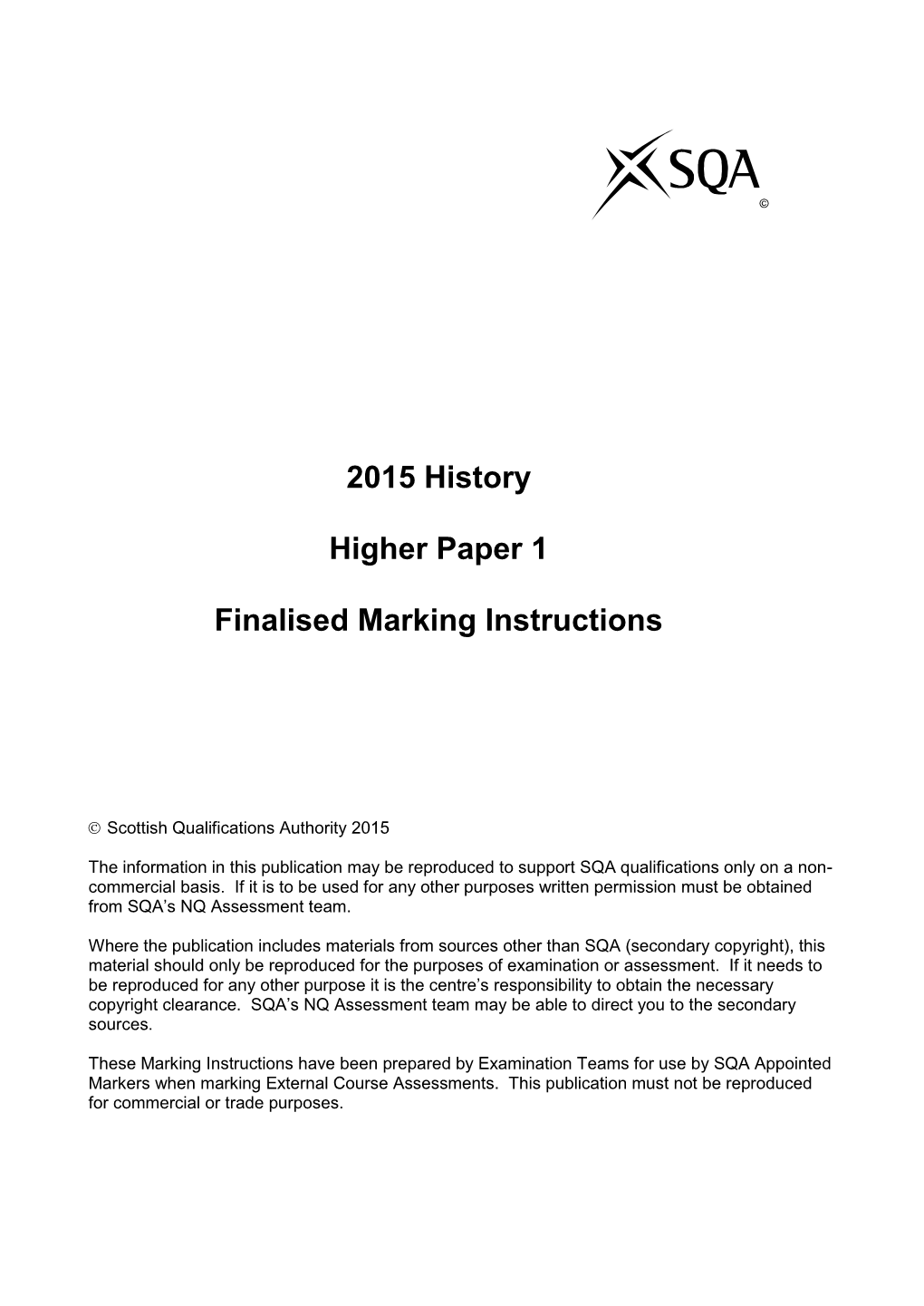 2015 History Higher Paper 1 Finalised Marking Instructions