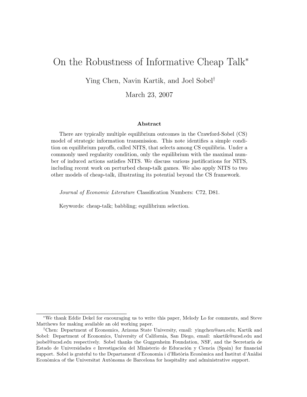 On the Robustness of Informative Cheap Talk∗