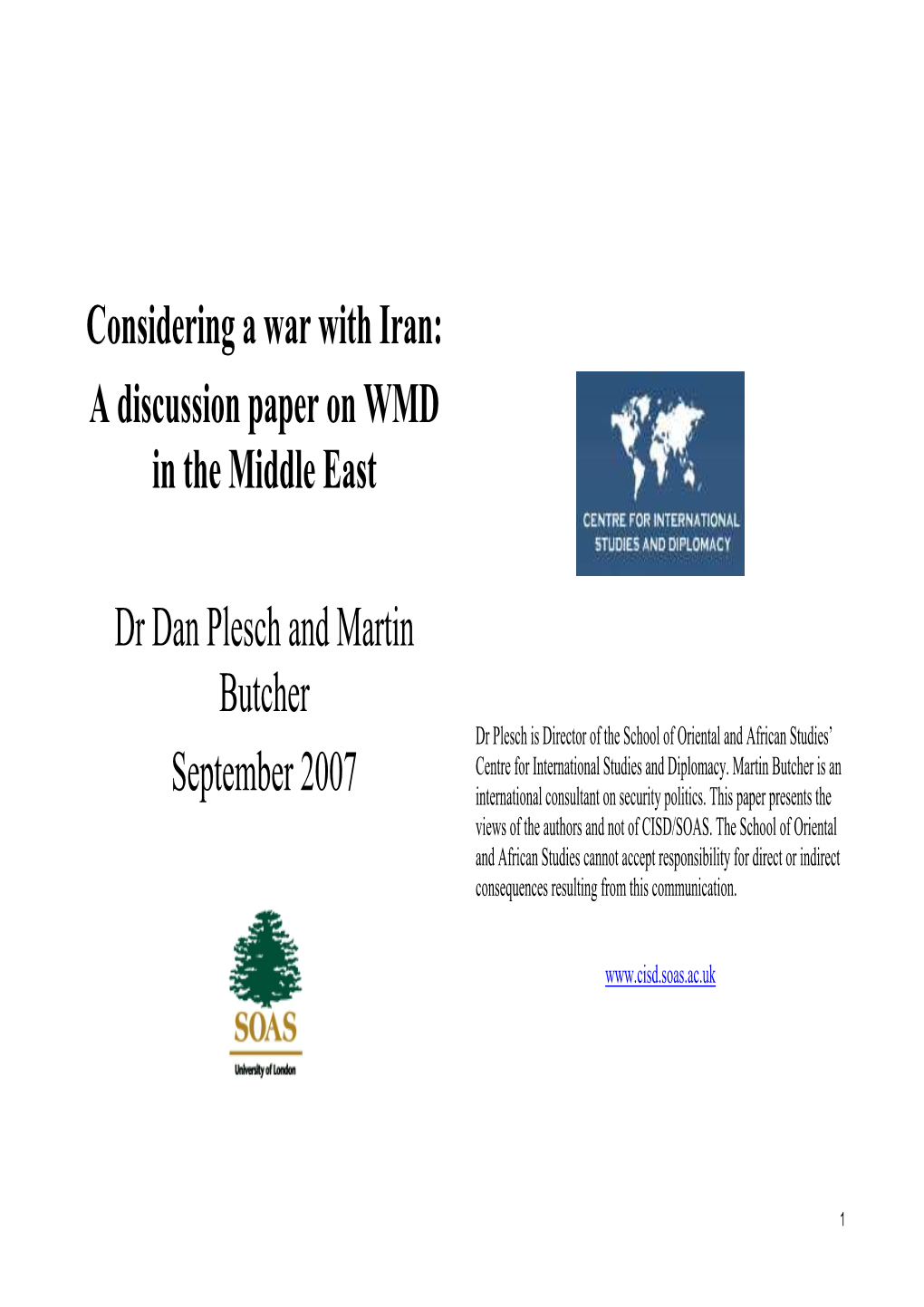 Considering a War with Iran: a Discussion Paper on WMD in the Middle East
