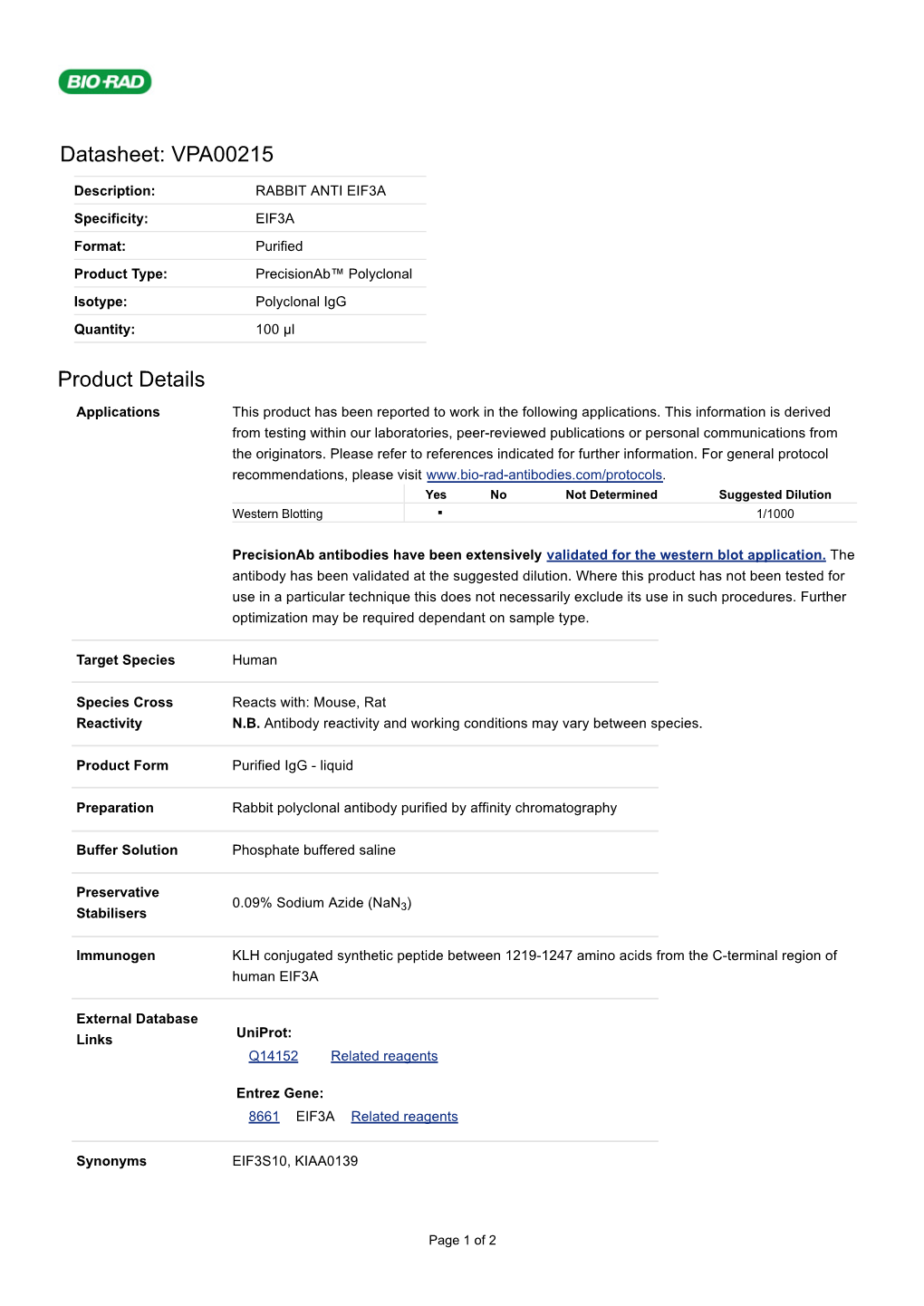 Datasheet: VPA00215 Product Details