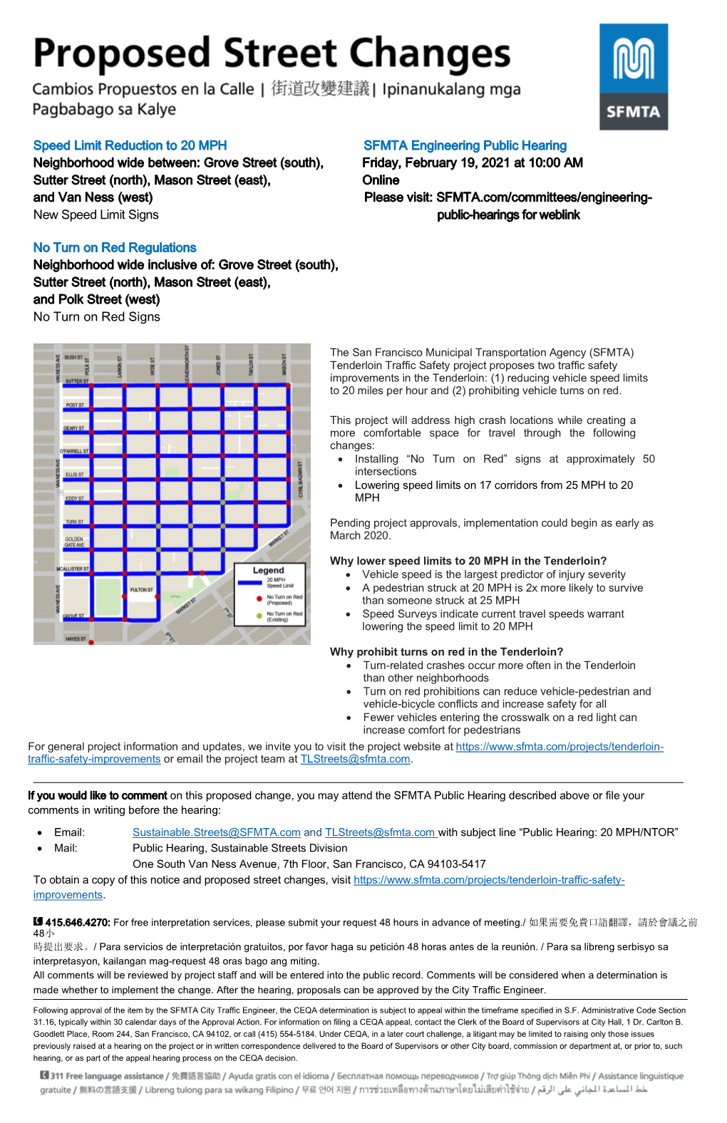 Speed Limit Reduction to 20 MPH SFMTA Engineering Public Hearing Neighborhood Wide Between: Grove Street (South), Friday, Februa