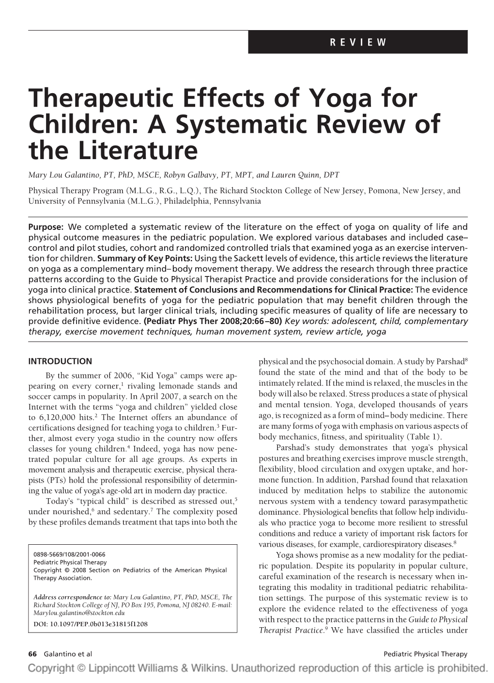 Therapeutic Effects of Yoga for Children: a Systematic Review Of