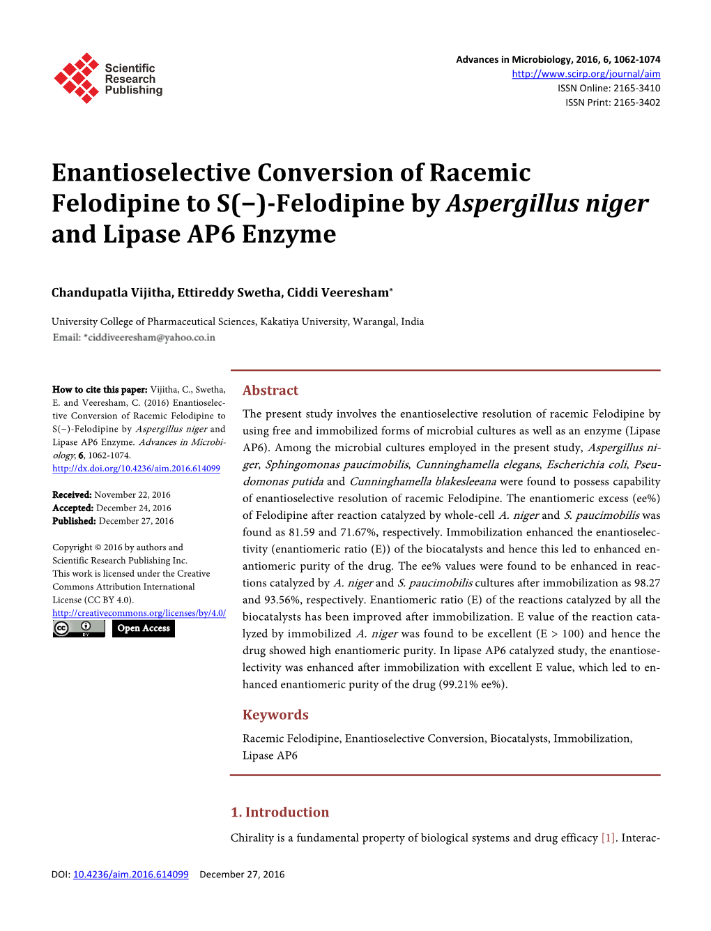 Felodipine by Aspergillus Niger and Lipase AP6 Enzyme