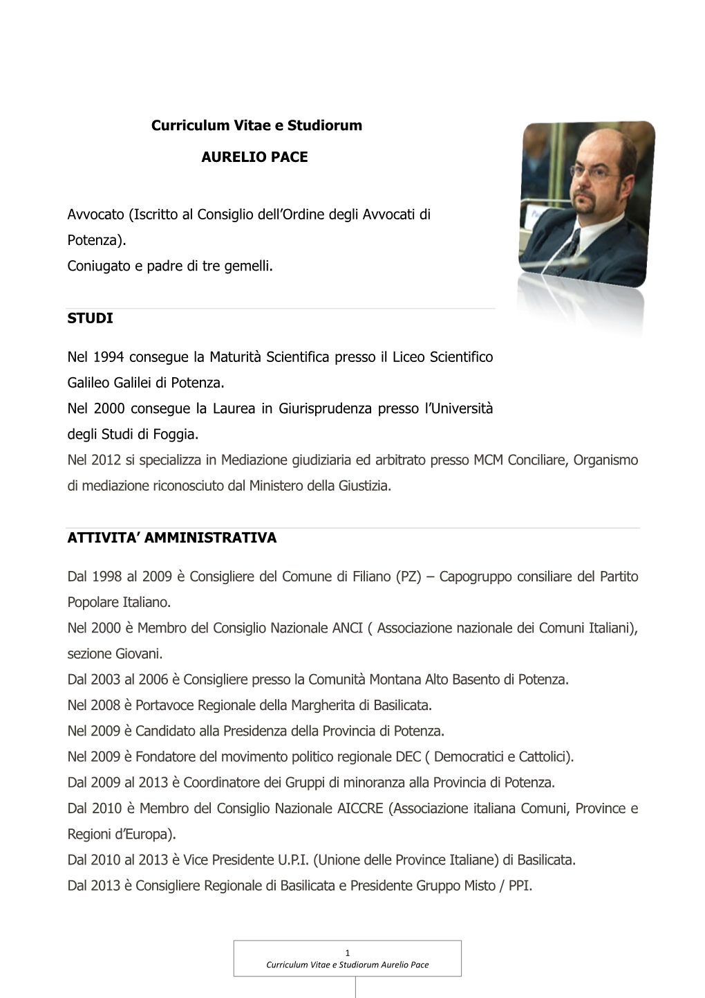 Curriculum Vitae E Studiorum AURELIO PACE Avvocato