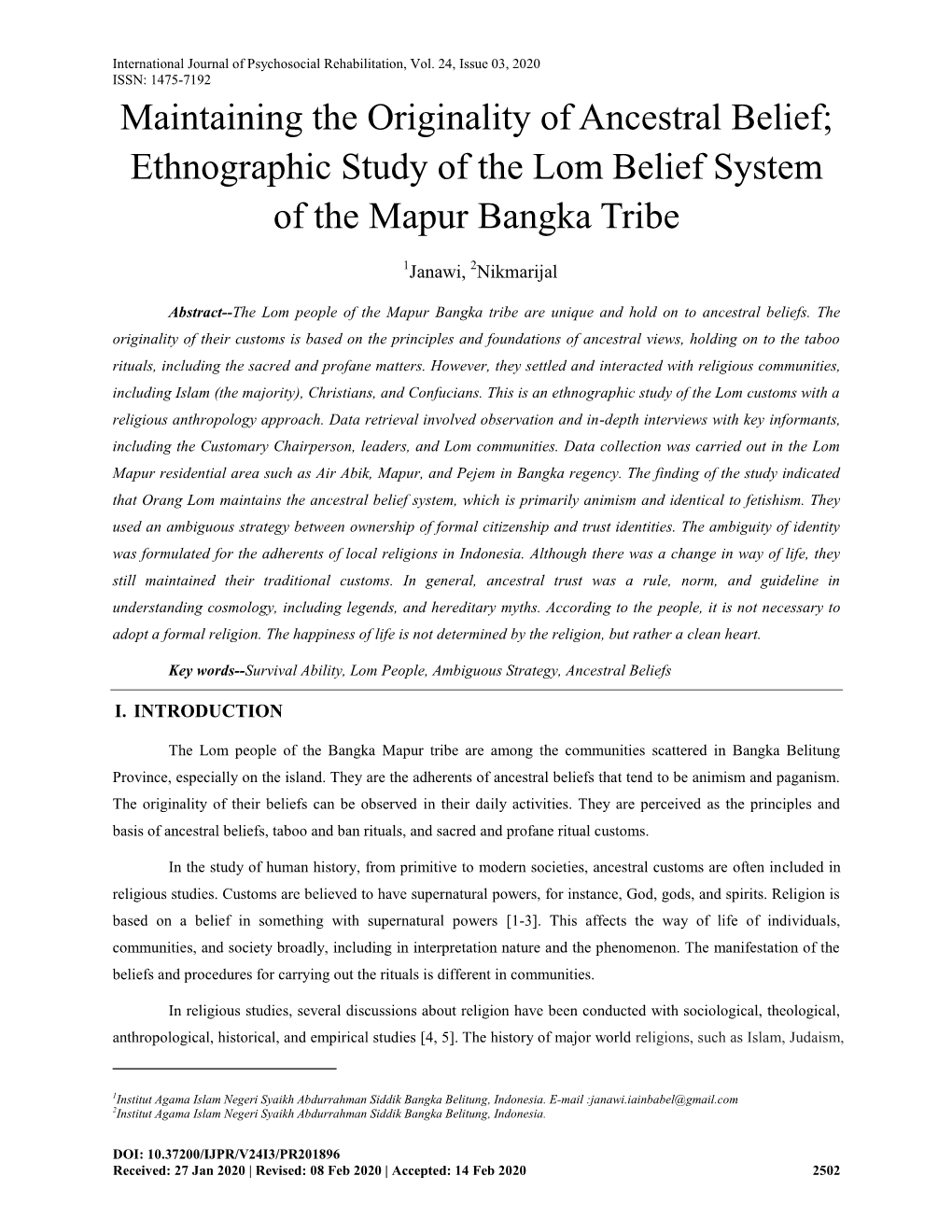 Maintaining the Originality of Ancestral Belief; Ethnographic Study of the Lom Belief System of the Mapur Bangka Tribe