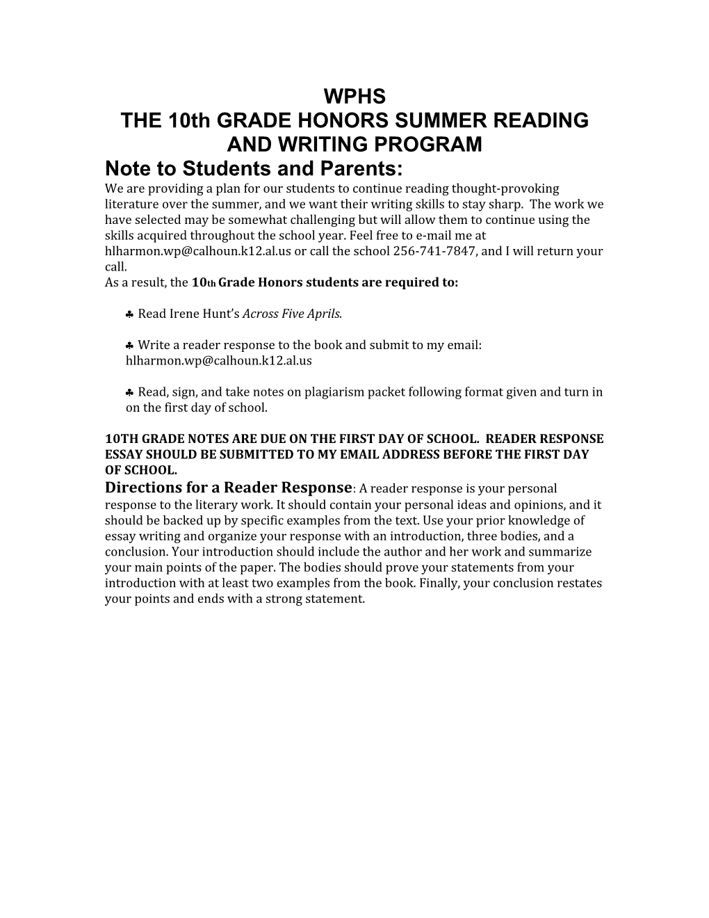 THE 10Th GRADE HONORS SUMMER READING and WRITING PROGRAM
