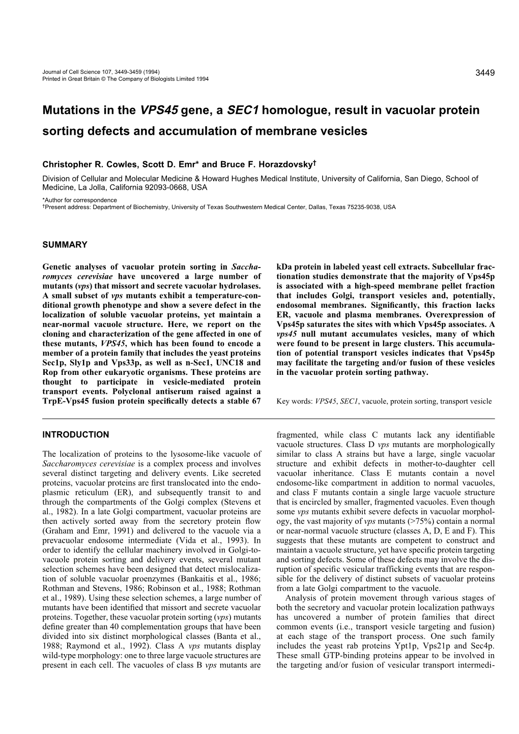 Mutations in the VPS45 Gene, a SEC1 Homologue, Result in Vacuolar Protein Sorting Defects and Accumulation of Membrane Vesicles