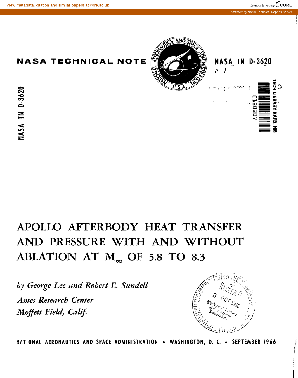 Apollo Afterbody Heat Transfer and Pressure with and Without Ablation at M, of 5.8 to 8.3