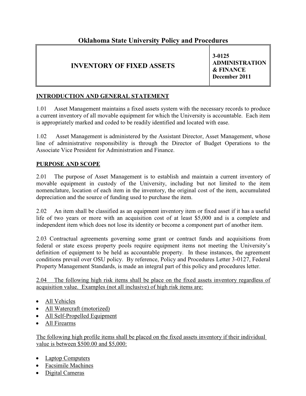 3-0125 INVENTORY of FIXED ASSETS ADMINISTRATION & FINANCE December 2011