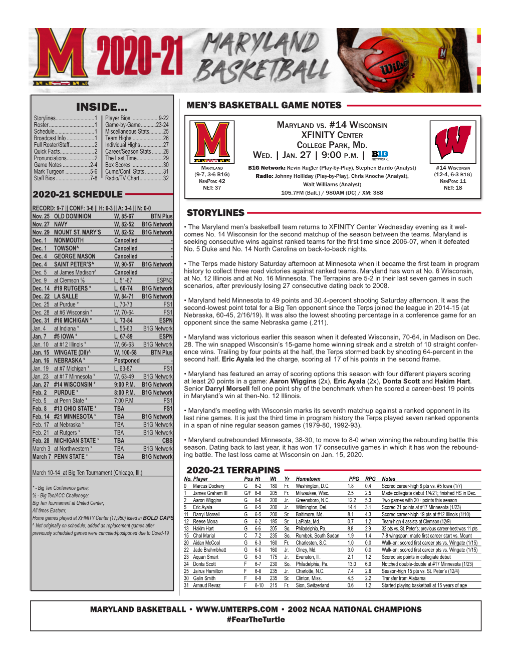 INSIDE... MEN’S BASKETBALL GAME NOTES Storylines