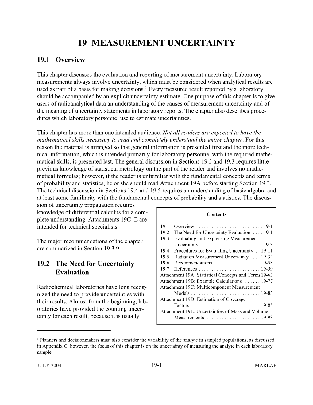 MARLAP Manual Volume III: Chapter 19, Measurement Uncertainty