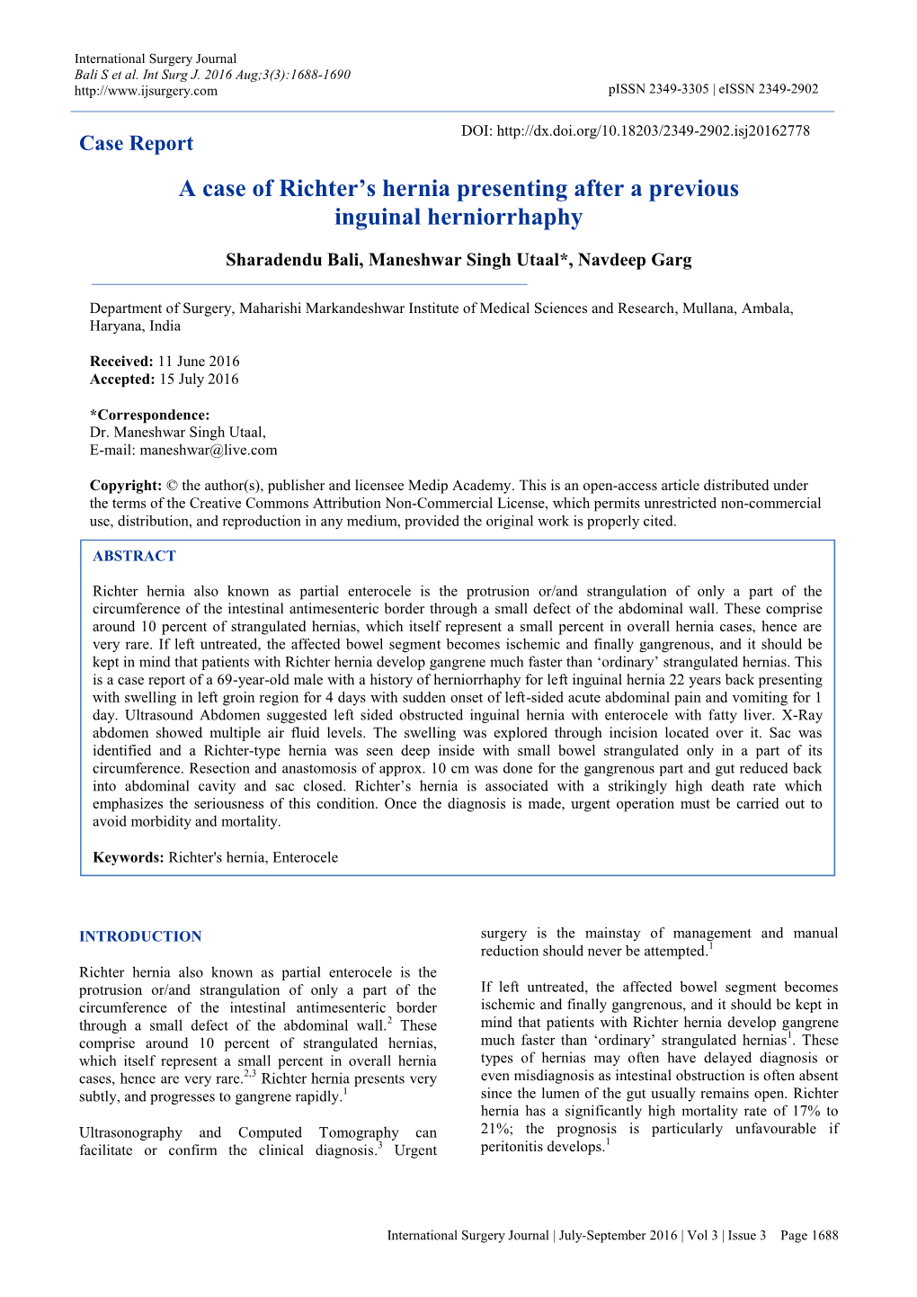 A Case of Richter's Hernia Presenting After a Previous Inguinal