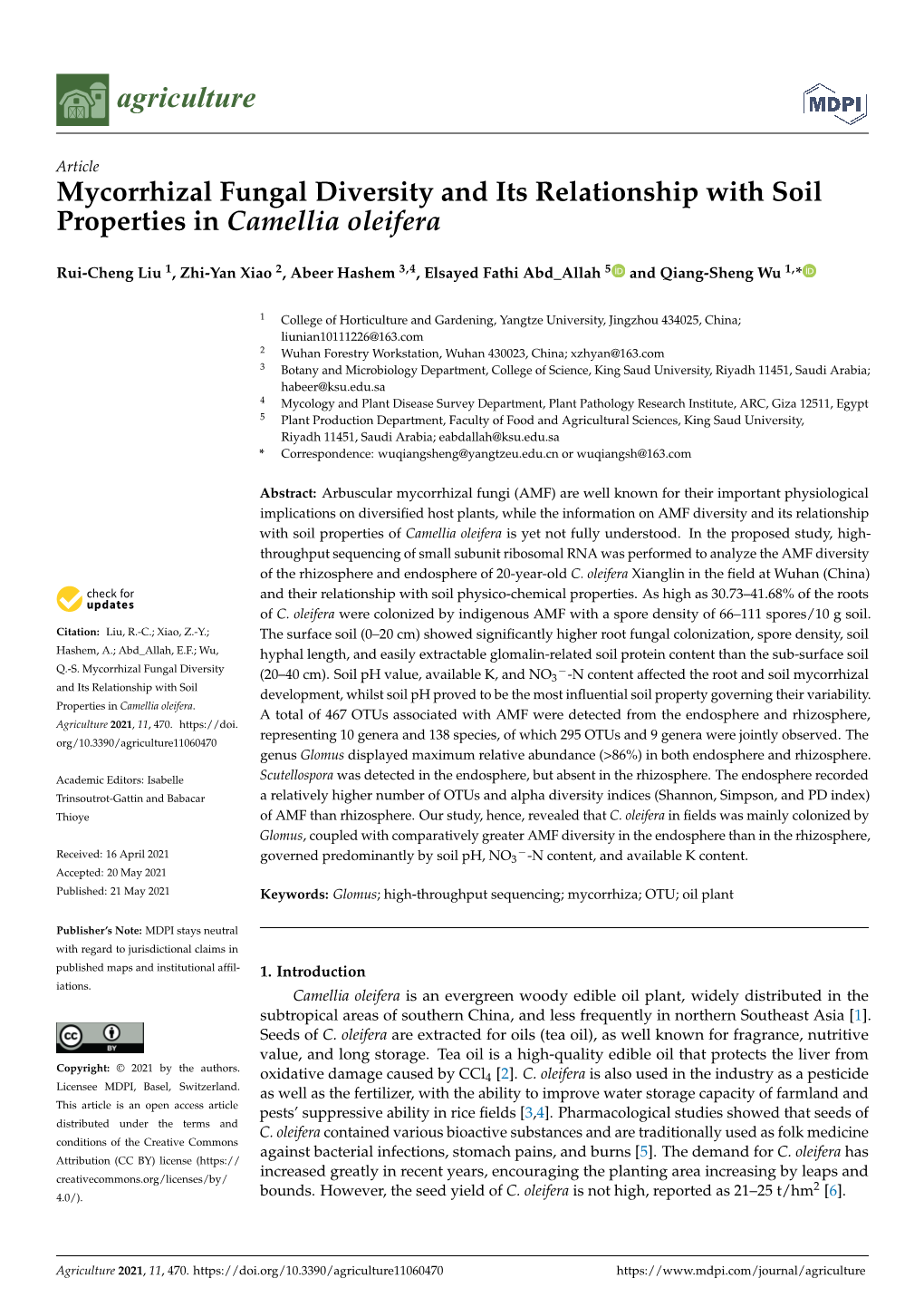 Mycorrhizal Fungal Diversity and Its Relationship with Soil Properties in Camellia Oleifera